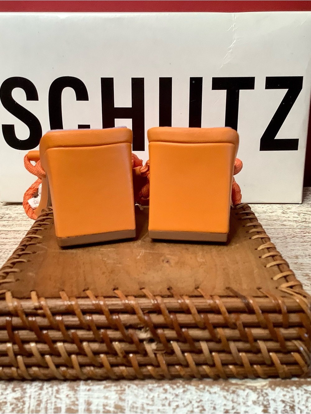 SCHUTZ NIB Blair Orange Leather Braided Strap Ankle Tie 2 1/2” Thin Block Heel - Picture 13 of 15